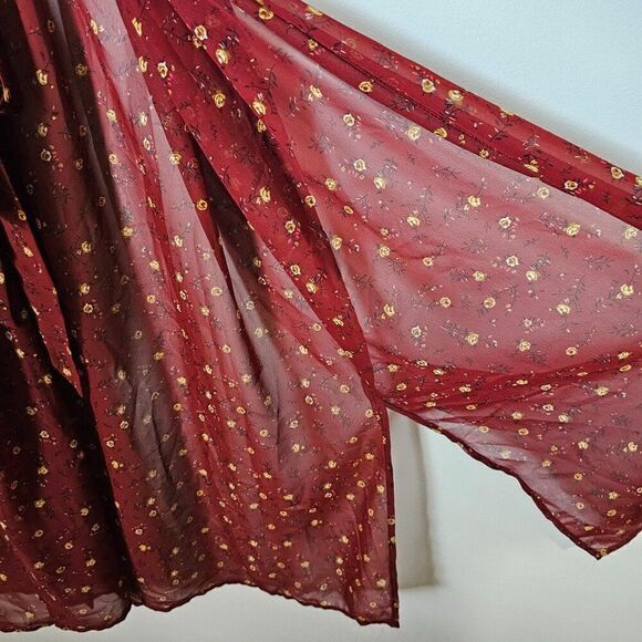 NEVER WORN TIME AND TRU RED DITSY FLORAL LONG BELTED KIMONO CARDIGAN SIZE SMALL - Picture 5 of 14